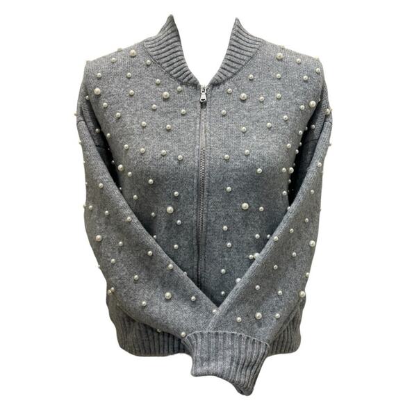 Nine West Gray Zip Front Pearl Knit Bomber Sweater Small - Picture 1 of 4